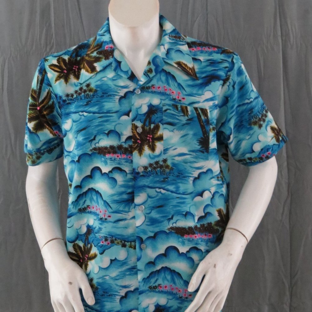 Vintage Hawaiian Aloha Shirt - Ocean Pattern with Neon Palm Trees - Men's Large